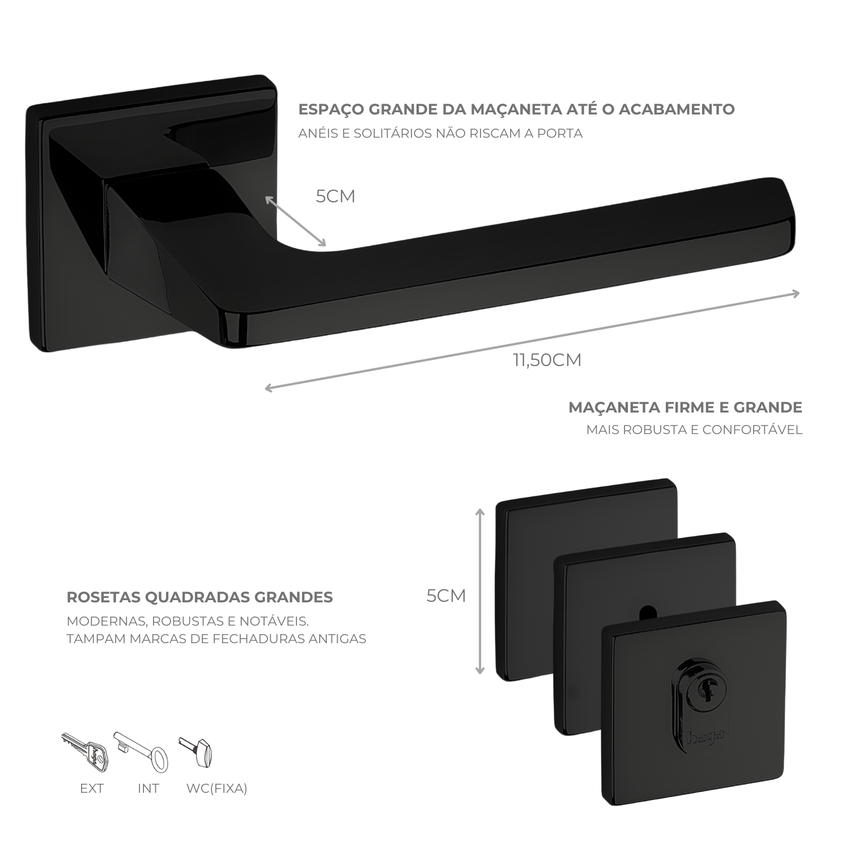 Fechadura Externa Haga Quadra 55mm Preto Roseta Quadrada