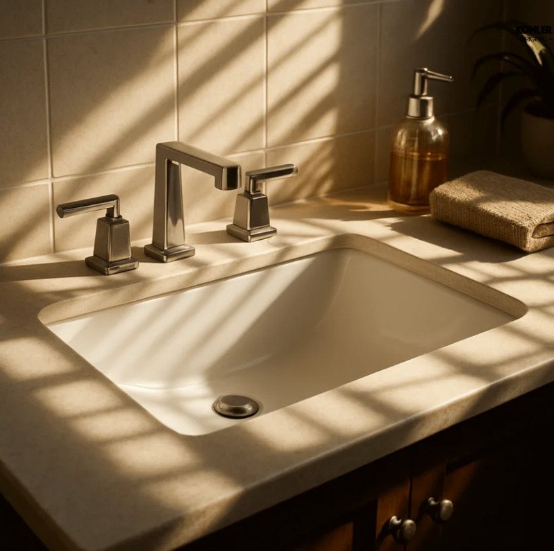 cuba de embutir de cor bege com sabonete liquido e toalha ao lado