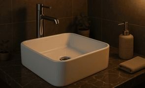 cuba de sobrepor branca com torneira cinza escuro sobre pedra escura sabonete liquido e toalha ao lado