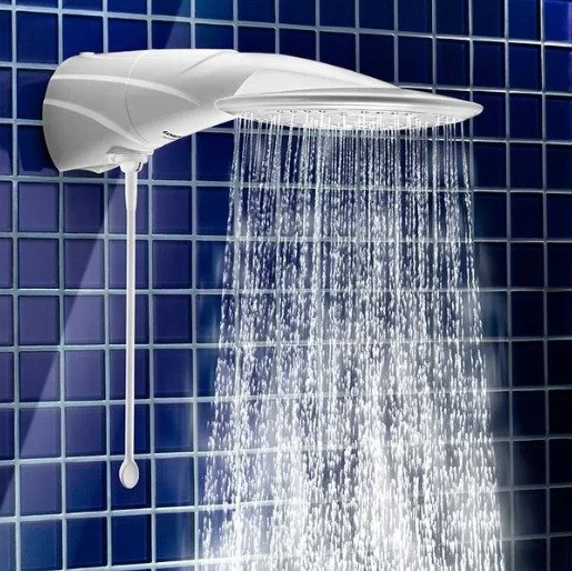 chuveiro topjet eletronico branco lorenzetti ligado em parede quadriculada azul