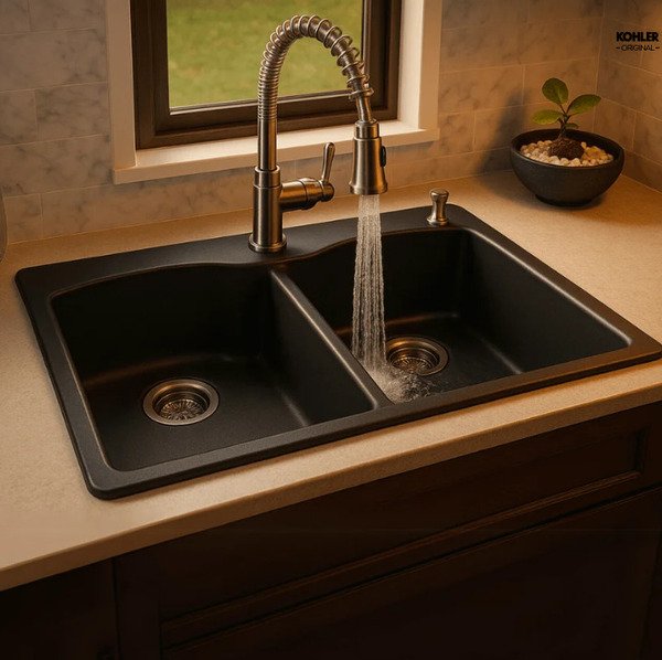 cuba para cozinha kohler kennon de sobrepor embutir dupla com mesa e furo black matte