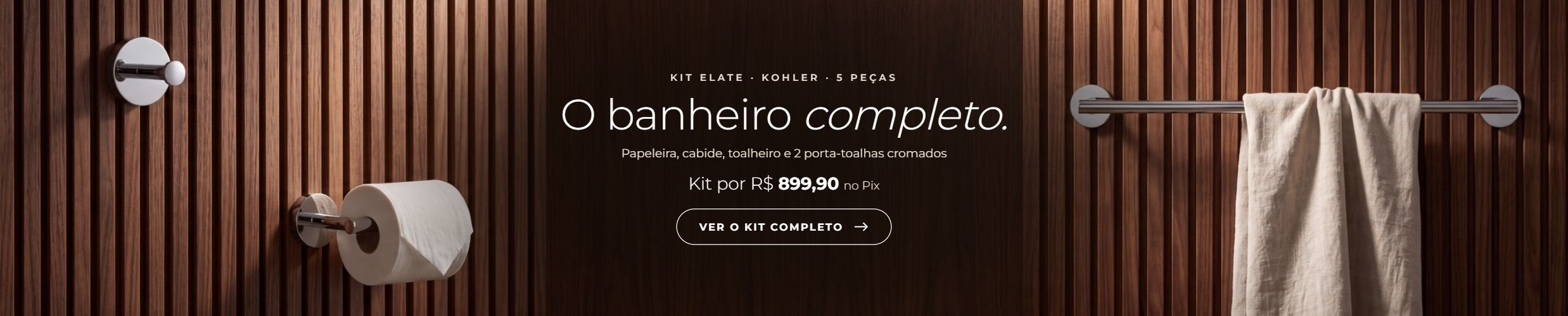 Kit de acessórios Kohler Elate cromado 5 peças: papeleira, cabide, toalheiro e 2 porta-toalhas — R$ 899,90 no Pix