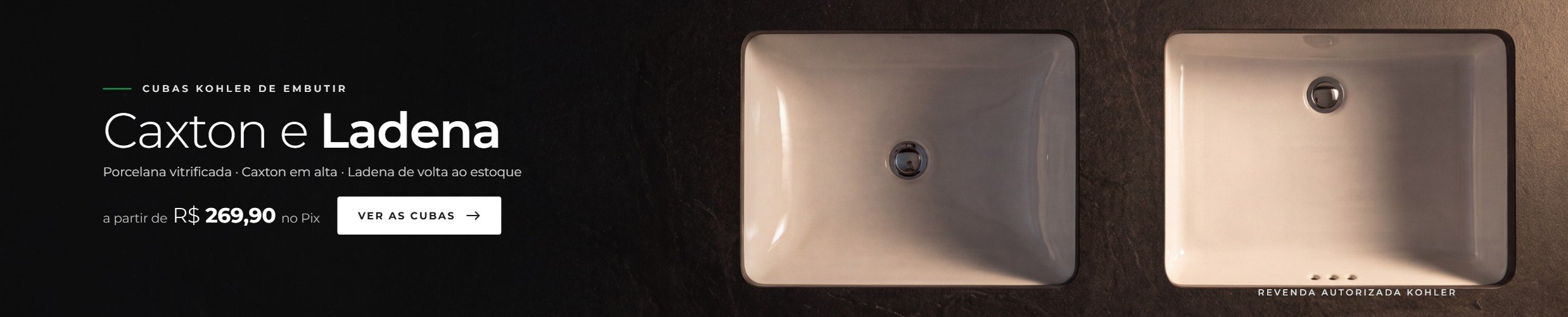 Cubas de embutir Kohler Caxton e Ladena em porcelana vitrificada — a partir de R$ 269,90 no Pix